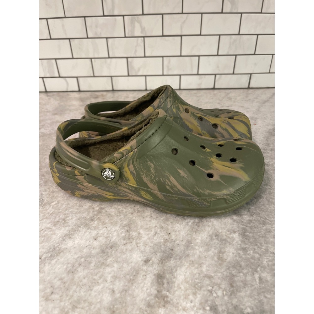 Crocs Clogs Mens 9 Green Camo Classic Lined Marbled Fleece Slip On Shoes
